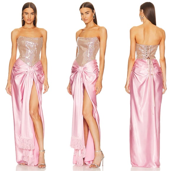 Bronx & Banco Pink Satin Strapless Sequin Tassel High Slit Gina Gown S NWOT - Picture 5 of 14